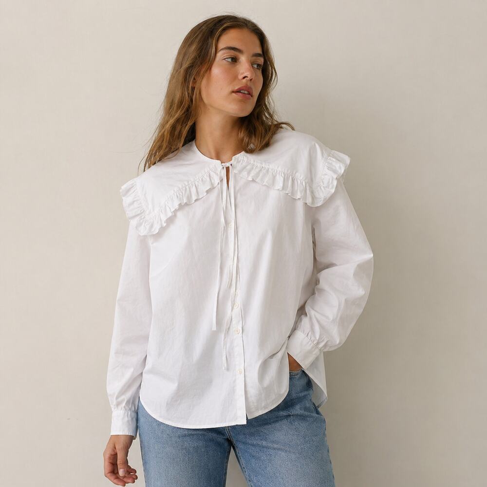 H&M Shirt Womens S White Cotton Oversized Ruffle Long Sleeve Peter Pan Style